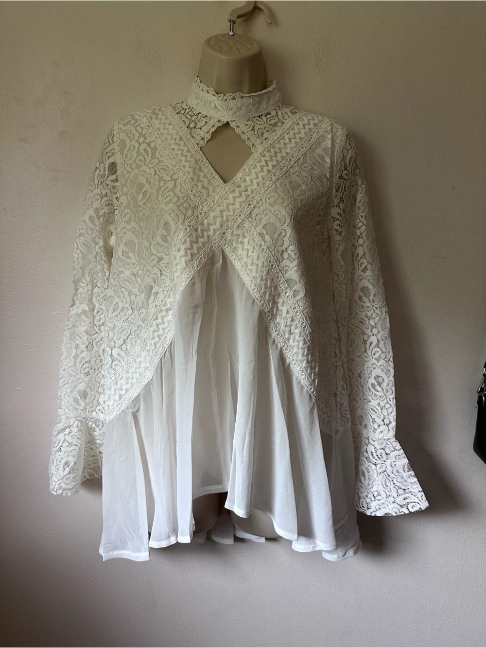 Lace Overlay White Blouse with Sheer Peplum